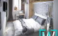 Спальная комната в скандинавском стиле со встроенным шкафом вокруг кровати