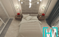 Интерьер спальной комнаты с кожаными панелями и современными светильниками