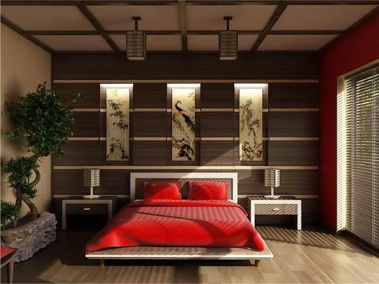 Спальня с красной кроватью